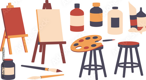 Artist's Studio Illustration Easels, Paint Bottles, Palette with Brush, Stools, Painting Supplies