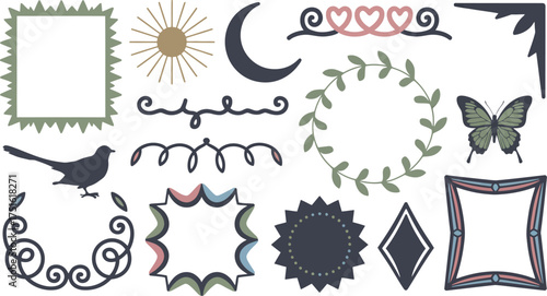 Assorted Collection of Stylized Frames, Borders, Celestial Shapes, and Natural Elements Illustration