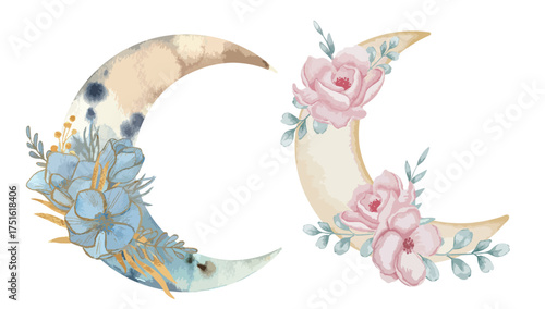 Watercolor composition in the lunar style. Moon with stars on ropes and flora elements. Image for design, printing, etc.