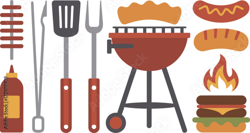 BBQ Grill with Tools, Food, and Fire for Cookouts and Summer Fun