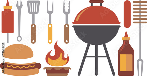 BBQ Party Grill, Hotdog, Ketchup, Sauce, Fire, and Utensils Illustration