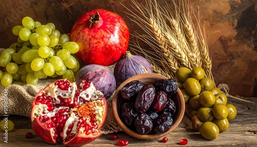 Fototapeta Naklejka Na Ścianę i Meble -  Still-life with various fresh and dried fruits and wheat stalks