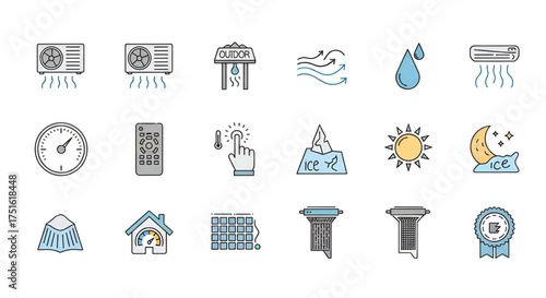 Air conditioning and cooling system icons for home climate control and energy efficiency vector set