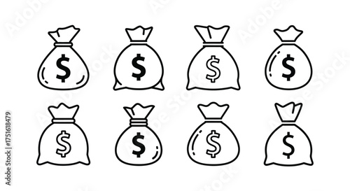 Collection of money bag isolated on white background in line art style