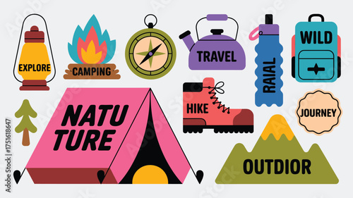 Camping Adventure Lantern, Campfire, Compass, Tent, Boot, Backpack, Mountain Graphics for Outdoor Enthusiasts