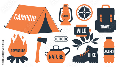 Camping and Outdoors Illustration Set Tent, Compass, Axe, Backpack, Campfire, Boot, Lantern, Water Bottle