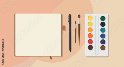 Open Sketchbook with Watercolor Palette, Pen, and Brushes for Artistic Creation