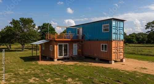 Modern Shipping Container Home with Rooftop Deck in Rural Landscape