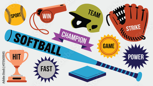 Cartoon Illustration of Softball Gear Bat, Ball, Glove, Helmet, Trophy, and Sports Words