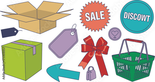 Cartoon Sale Illustration Featuring Boxes, Shopping Basket, Tags, Bow, and Discount Signs on White