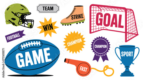 Cartoon Sports Clipart Featuring Football, Goal, Strike, Team, Win, Champion, Whistle, and Trophy