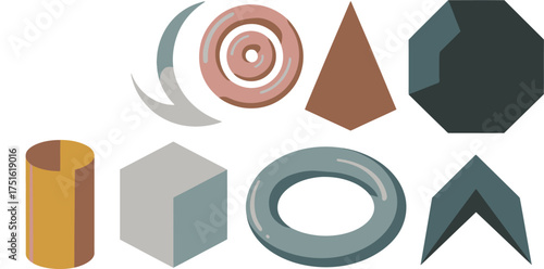 Collection of Abstract Geometric Shapes Cylinder, Cube, Cone, Donut, and Octagon Illustration