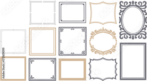 Collection of Decorative Frames Rectangular, Oval, Square, and Border Designs in Beige and Gray Hues