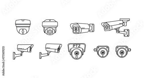 Security camera set isolated on white background, surveillance system outline