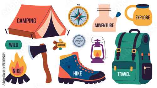 Colorful Camping and Hiking Icons Featuring Tent, Backpack, Compass, Axe, Boot and Fire