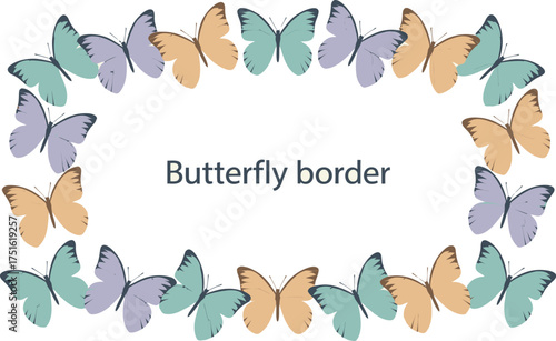 Colorful Butterfly Border Illustration Featuring Tan, Blue, and Purple Butterflies on a White Background