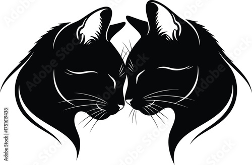 Vector art of two black cat faces in profile, touching noses