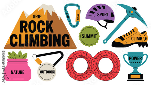 Colorful Featuring Rock Climbing Equipment, Mountain, Plant, Rope, and Award Depicting Outdoor Adventure