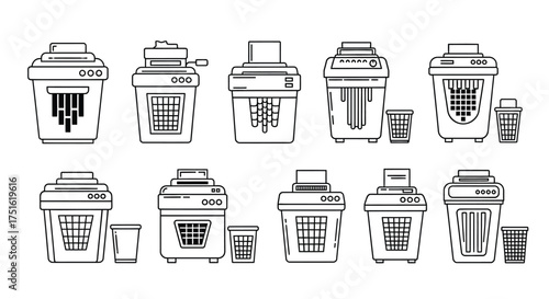 Collection of paper shredders isolated on white background for office use