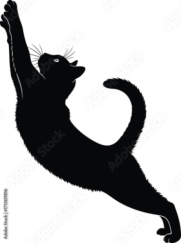 Vector art of black cat silhouette stretching with its body arched and paw extended