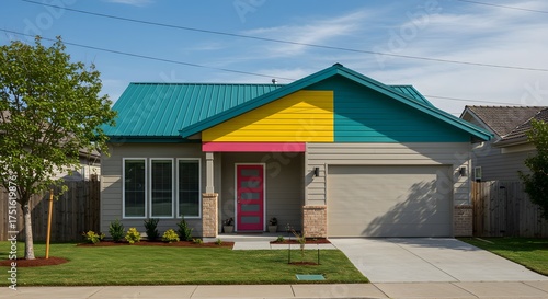 Modern Suburban House with Colorful Accents and Green Lawn