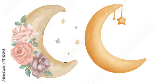 Watercolor composition in the lunar style. Moon with stars on ropes and flora elements. Image for design, printing, etc.