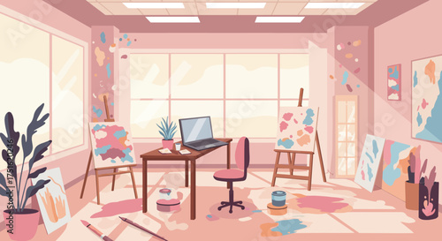 Bright and Colorful Artist's Studio with Easels and Paint Splatters
