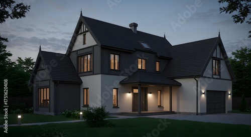 Modern Tudor-Style House Exterior at Dusk with Warm Interior Lights