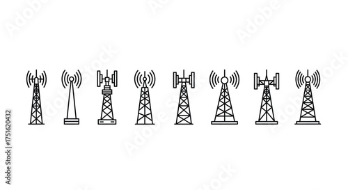 Set of communication towers isolated on white background in vector format