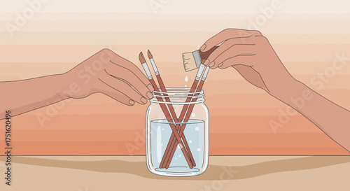 Paintbrushes Soaking in a Glass Jar with Water, Held by Two Hands