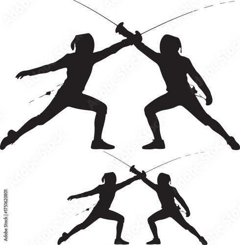 Two pairs of fencers in silhouette clashing swords fencing sport