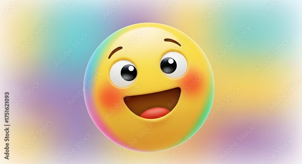 Fototapeta premium A cheerful 3D yellow emoticon expressing pure joy with a wide smile, set against a soft, artistically blended rainbow pastel background
