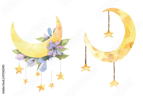 Watercolor composition in the lunar style. Moon with stars on ropes and flora elements. Image for design, printing, etc.