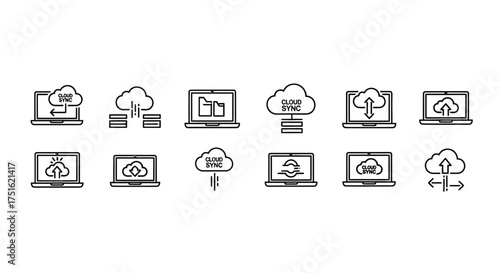 Cloud computing and laptop icons isolated on white background for data use