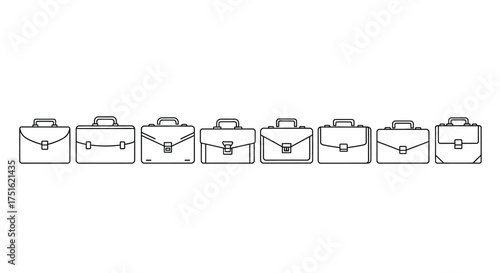 Set of briefcases in a row isolated on white background, line art style