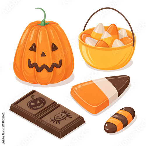 Halloween Party Candy Icons Isolated on White Background – Sweet Treats, Festive Celebration Symbols, and Colorful Holiday Design Elements