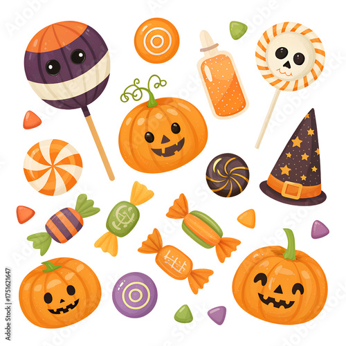 Halloween Party Candy Icons Isolated on White Background – Sweet Treats, Festive Celebration Symbols, and Colorful Holiday Design Elements