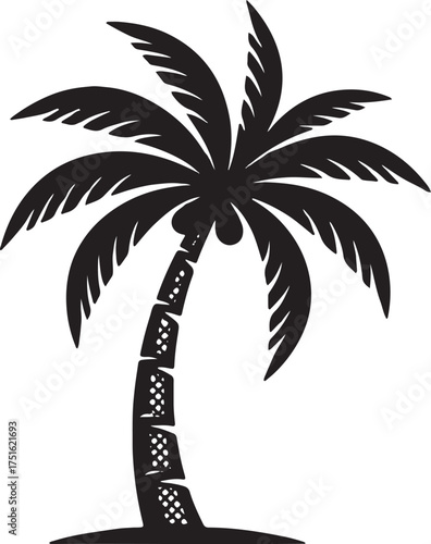 A bold black silhouette of a palm tree with a curved trunk, dotted texture, and arching fronds. Two coconuts hang below the crown, set against a clean white background in a flat, minimalist style
