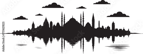 Black silhouette of a cityscape with domes and minarets reflected in water under scattered clouds skyline