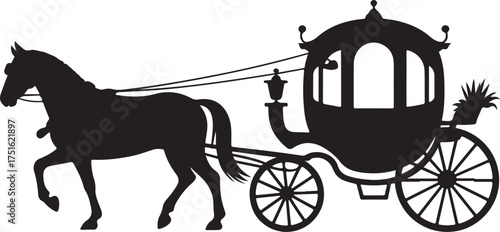 Black silhouette of a horse pulling a carriage with ornate details white