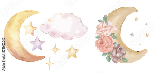 Watercolor composition in the lunar style. Moon with stars on ropes and flora elements. Image for design, printing, etc.