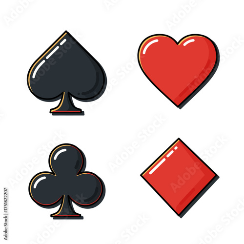 Illustrative set of classic card suit symbols for gaming and luck themes featuring spades, hearts, clubs, and diamonds in a vibrant flat design