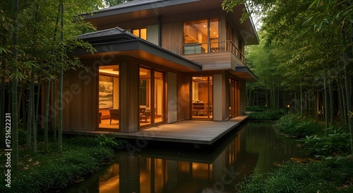 Modern Wooden House Surrounded by Lush Bamboo Forest and Water Reflection