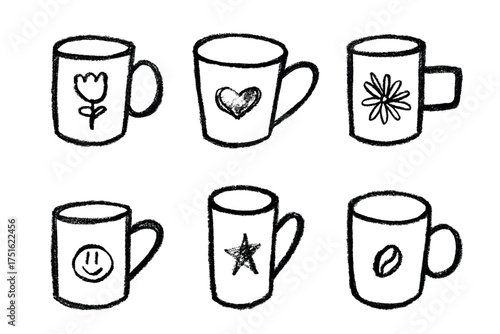 Set of cute hand drawn cup of tea or coffee Simple mug clipart Cozy home doodle Single element for design