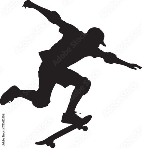 Black silhouette of a skateboarder performing a trick in mid-air white background