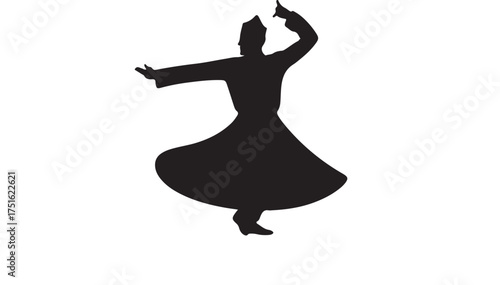 Black silhouette of a whirling dervish in motion on a white background black and white dancer