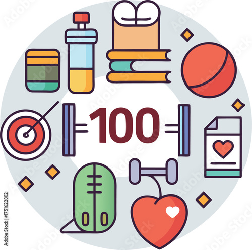 Circular arrangement of fitness and health icons representing a healthy lifestyle and achieving fitness goals with the number 100 at the center symbolizing perfection or a milestone