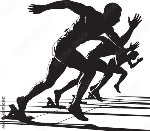 Black silhouette of male sprinters starting a race from blocks on a track running track and field