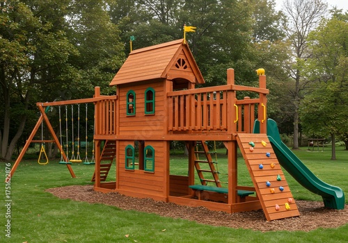 Outdoor Wooden Playground Set with Swing Set and Slide in a Green Backyard