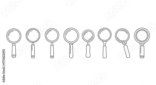 Magnifying glass icons isolated on white background in a row of different sizes